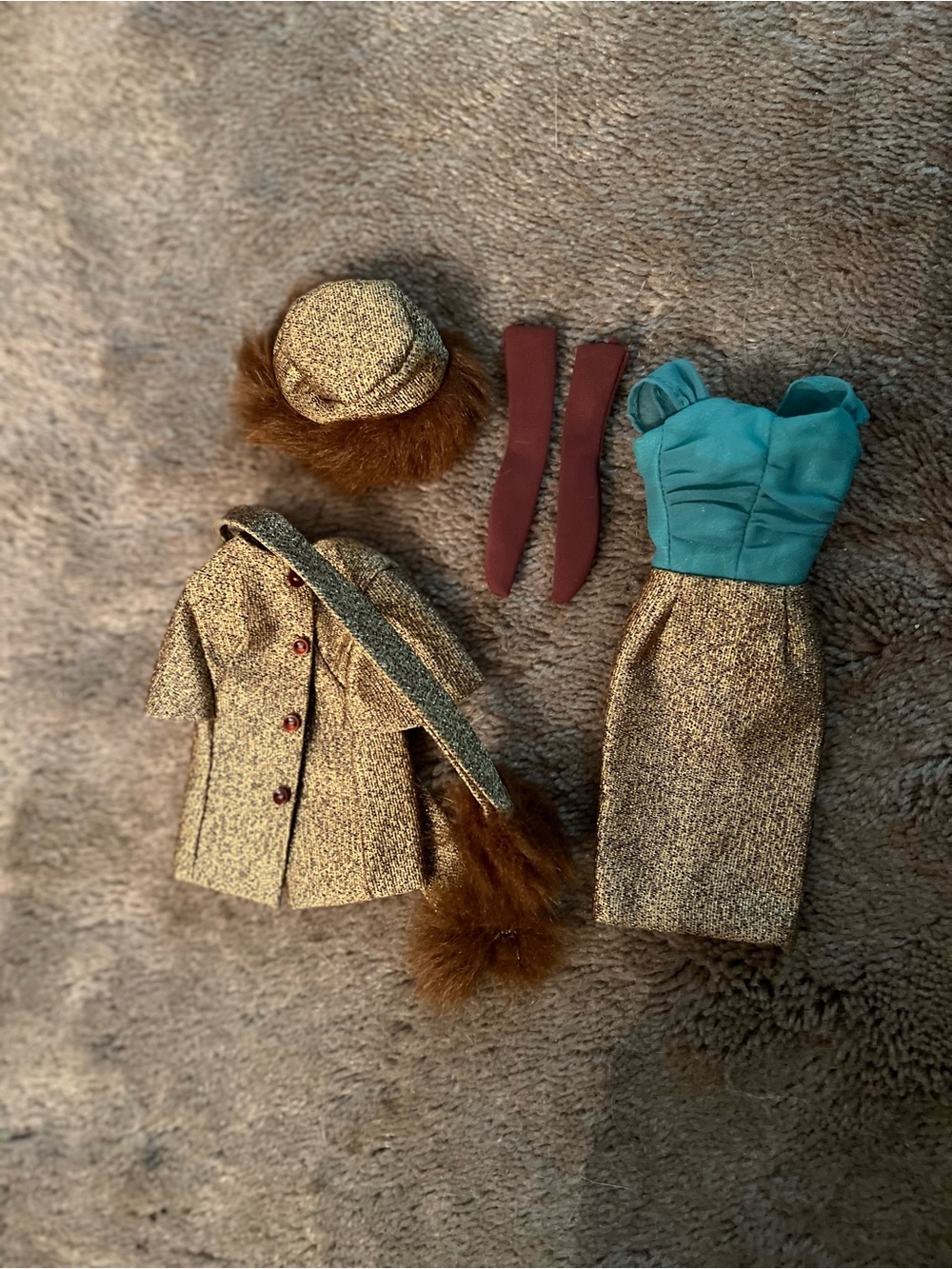 Barbie Gold Tweed Coat Hat Set with Teal Bustier Dress and Burgundy Stockings